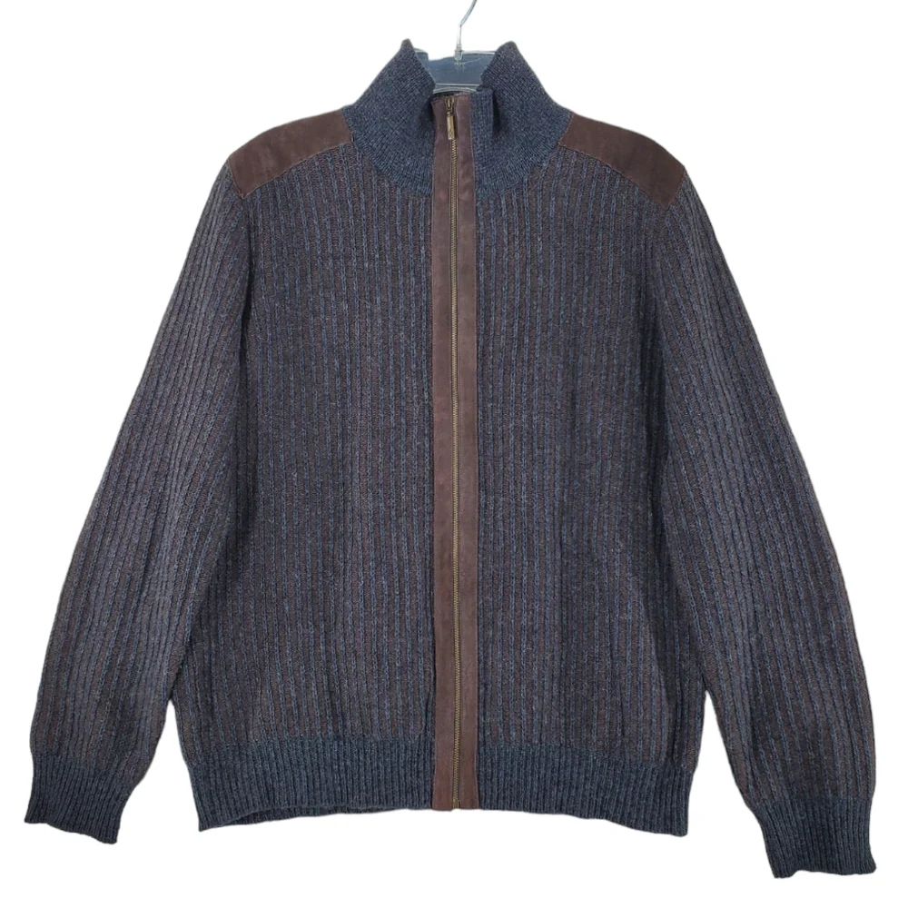 Vtg Moncler Sweater Men L Brown Gray Wool Blend Full Zip Suede Detail. Italy - Picture 1 of 12